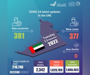 阿联酋宣布在过去 24 小时内新增 377  例 COVID-19 病例，381 人康复，无死亡病例